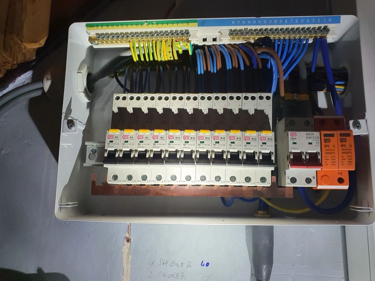 Open consumer unit with RCBO breakers